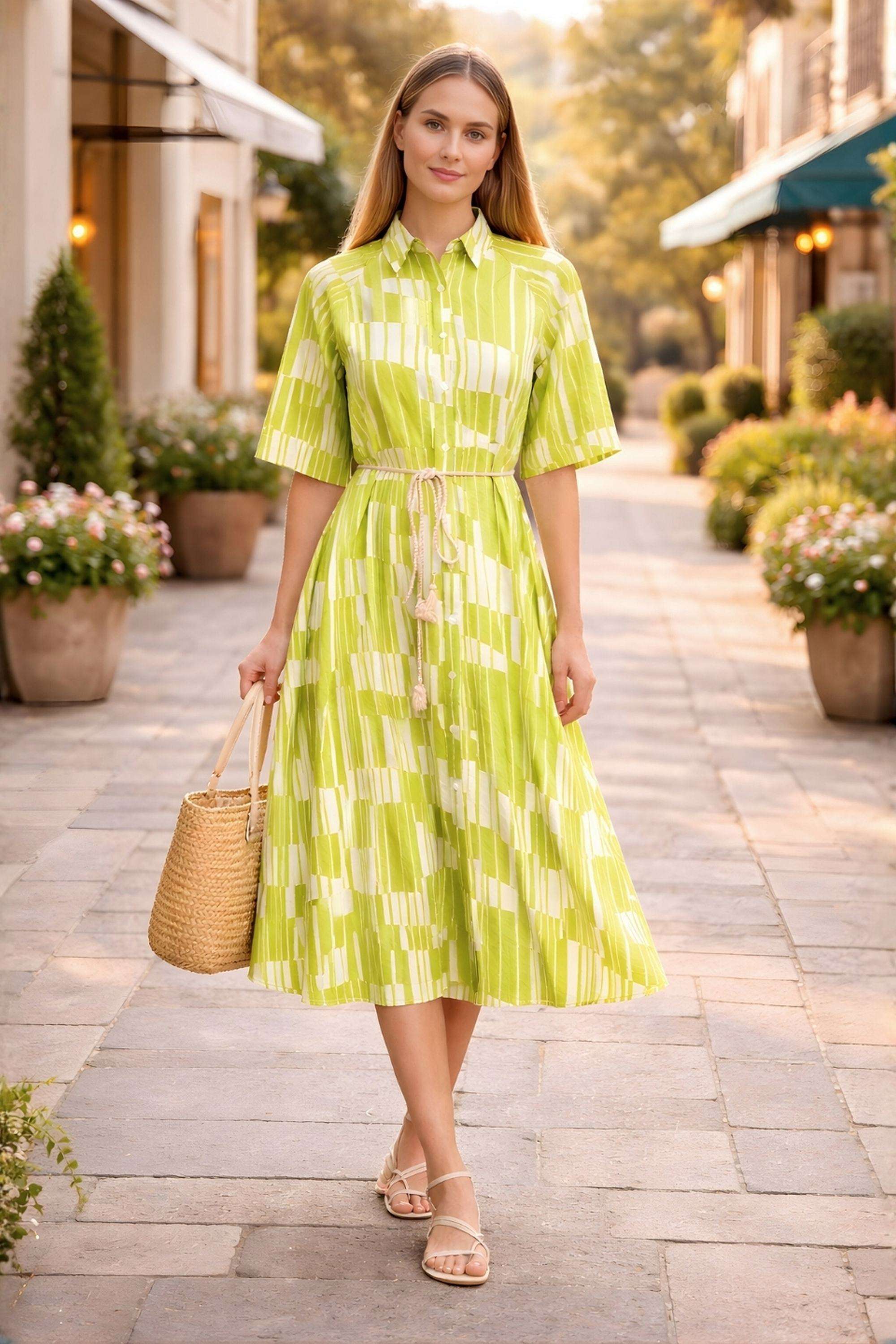 Printed-Collared-Blended-Fabric-Women-Dress