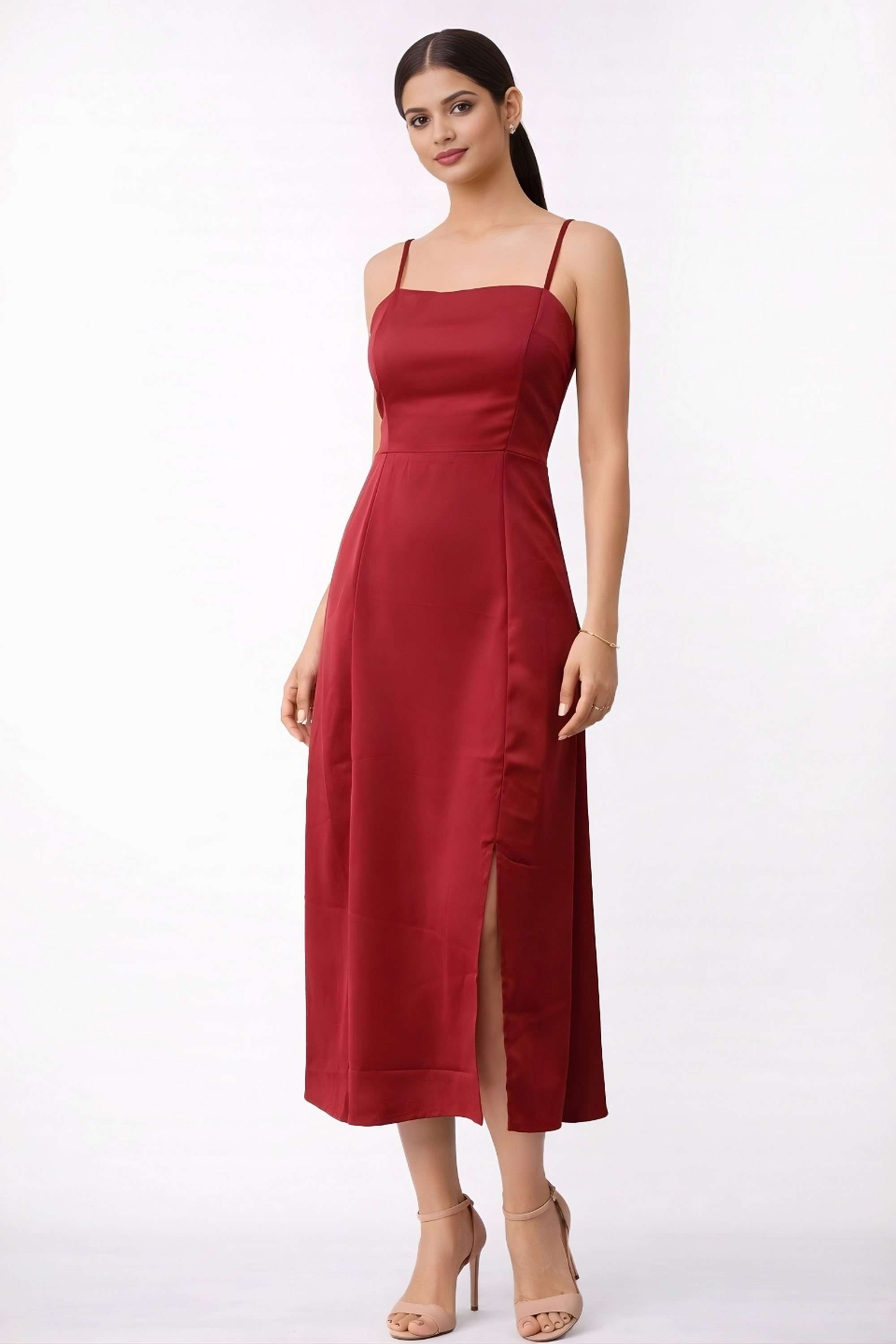 Solid-Square-Neck-Polyester-Women-Dress