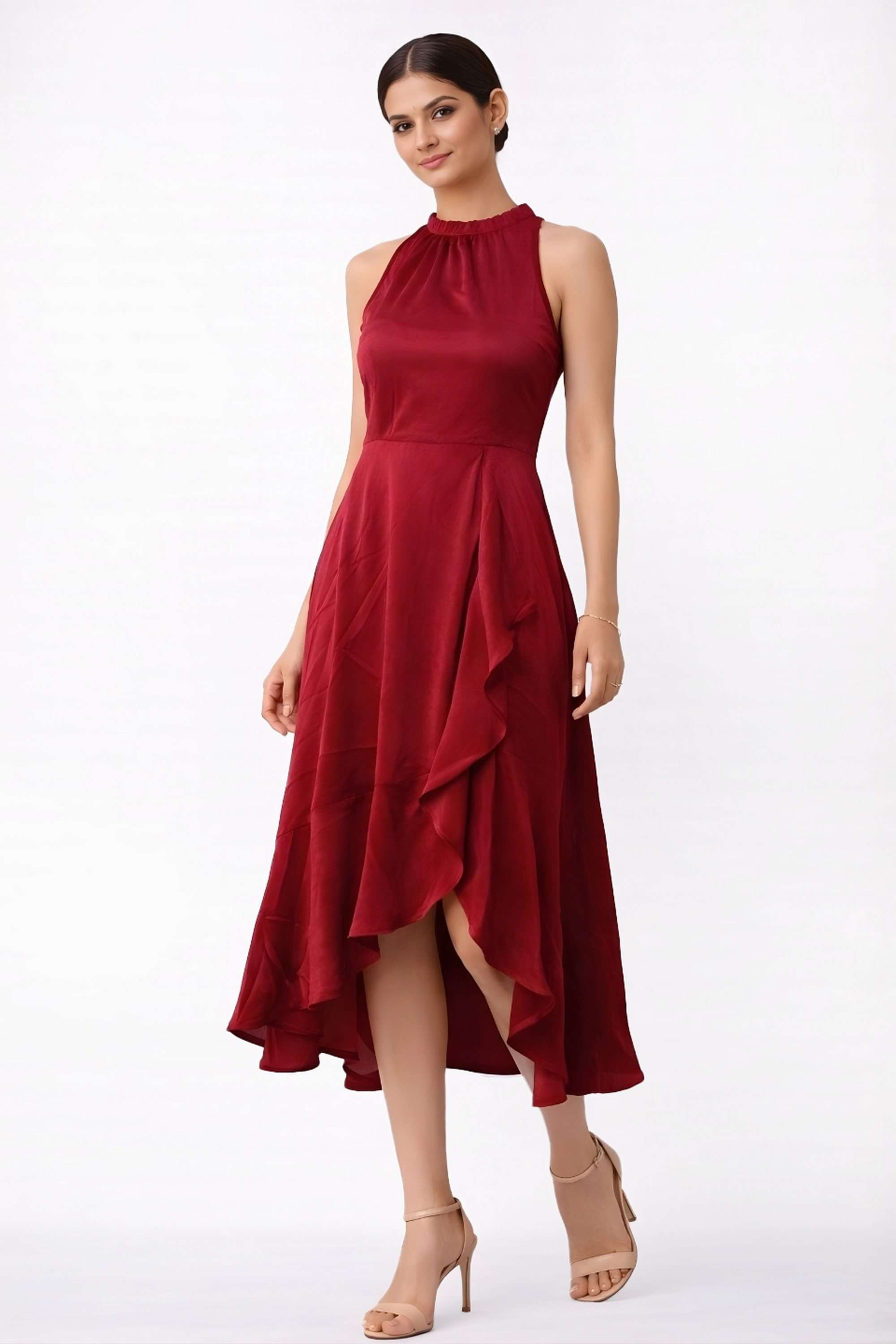 Solid-Round-Neck-Polyester-Women-Dress