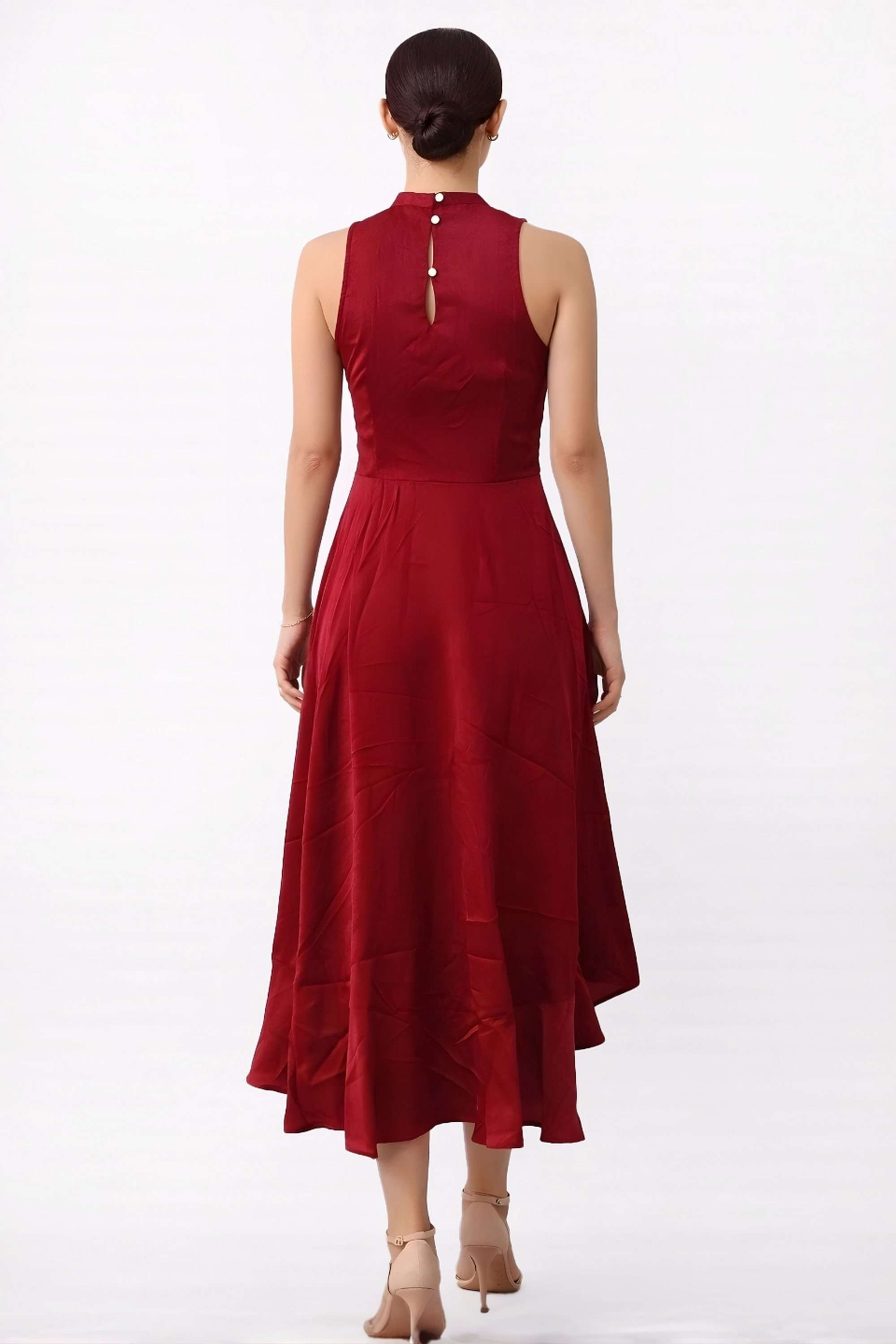 Solid-Round-Neck-Polyester-Women-Dress