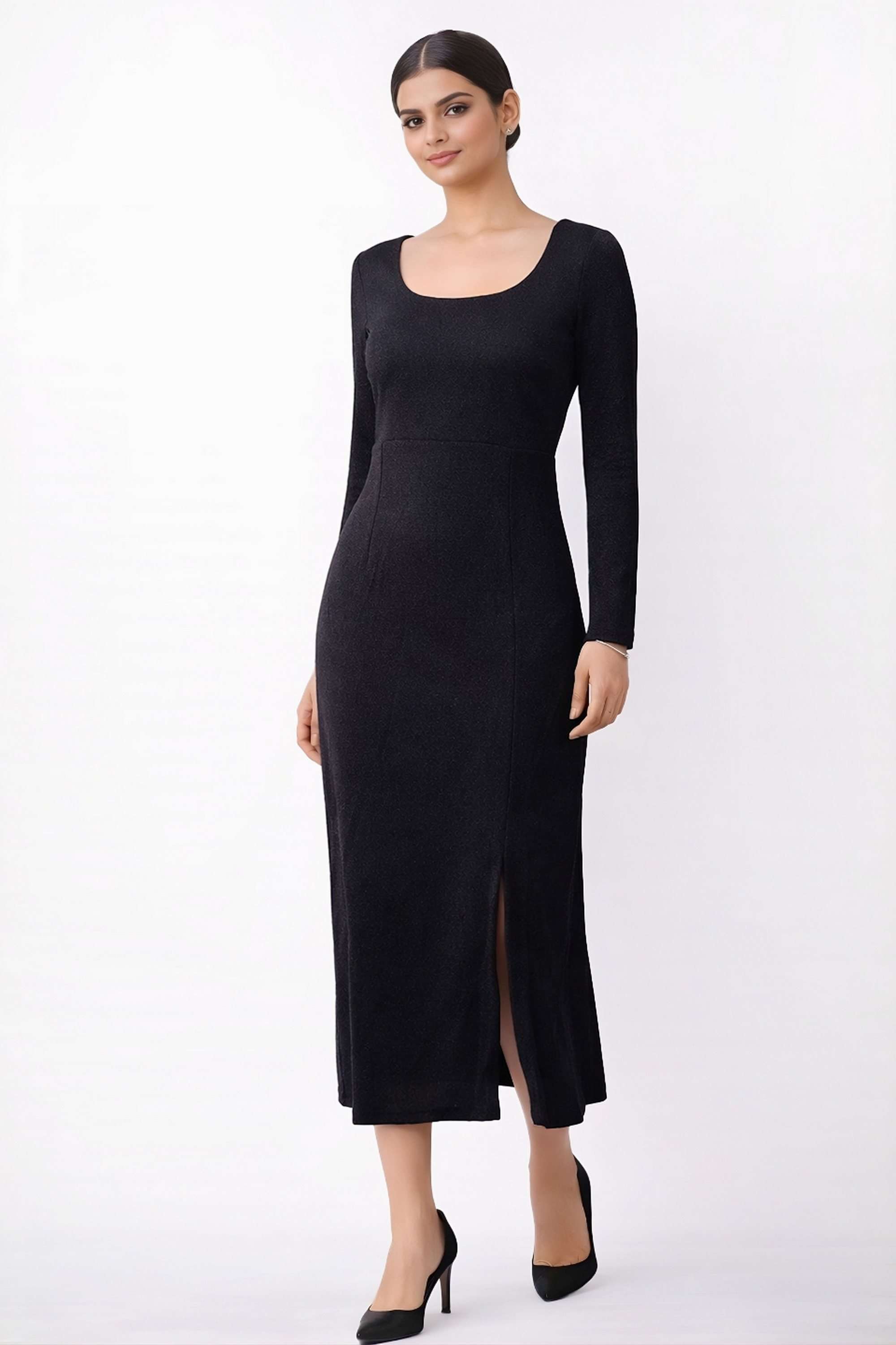 Solid-Round-Neck-Polyester-Women-Dress