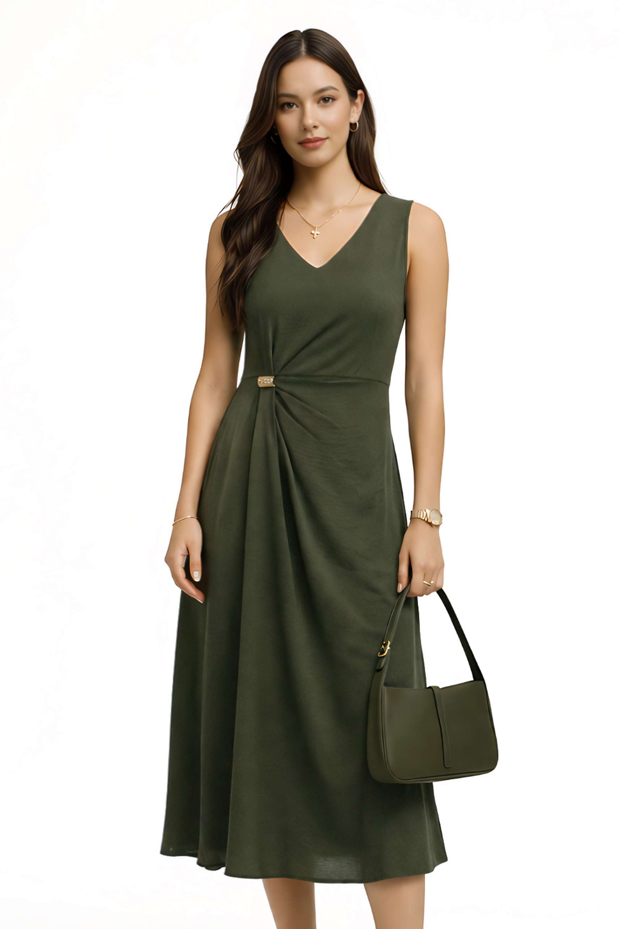 zink london Solid Polyester Round Neck Women's Midi Dress-picture-24