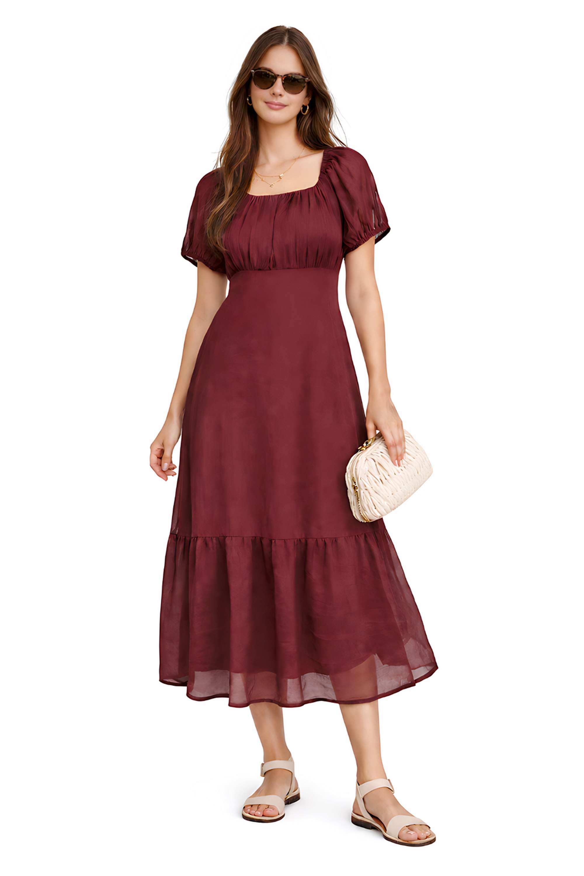 zink london Solid Polyester Square Neck Women's Midi Dress-picture-12