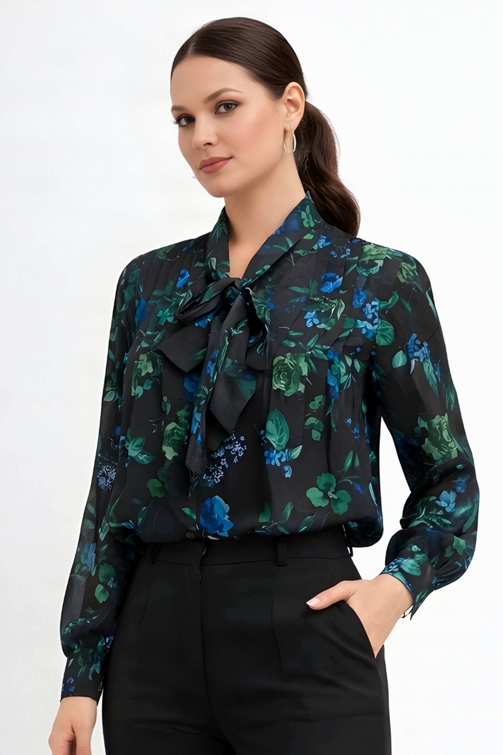 Floral-Polyester-Collared-Women-Top