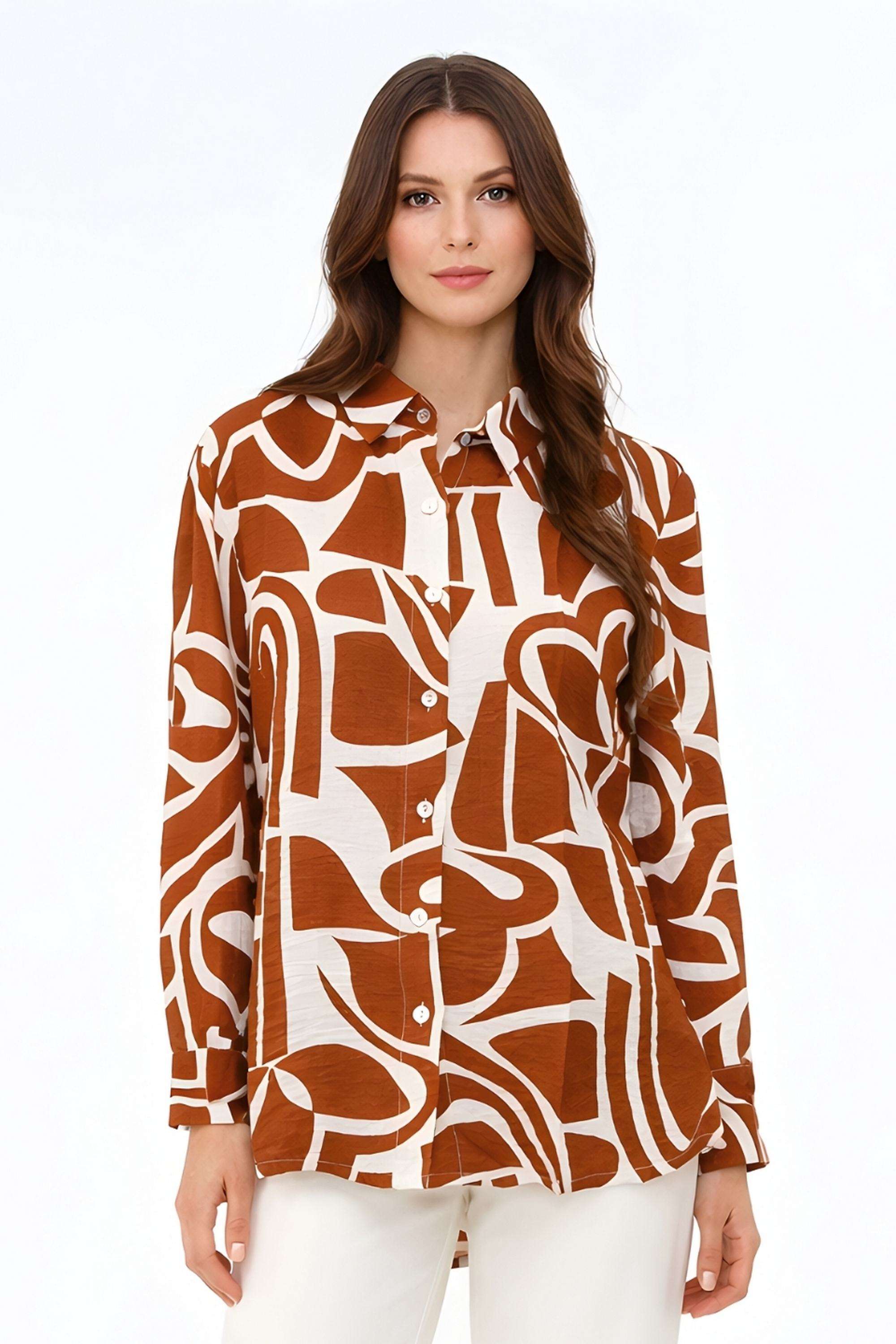 Abstract-Blended-Fabric-Collared-Women-s-Top