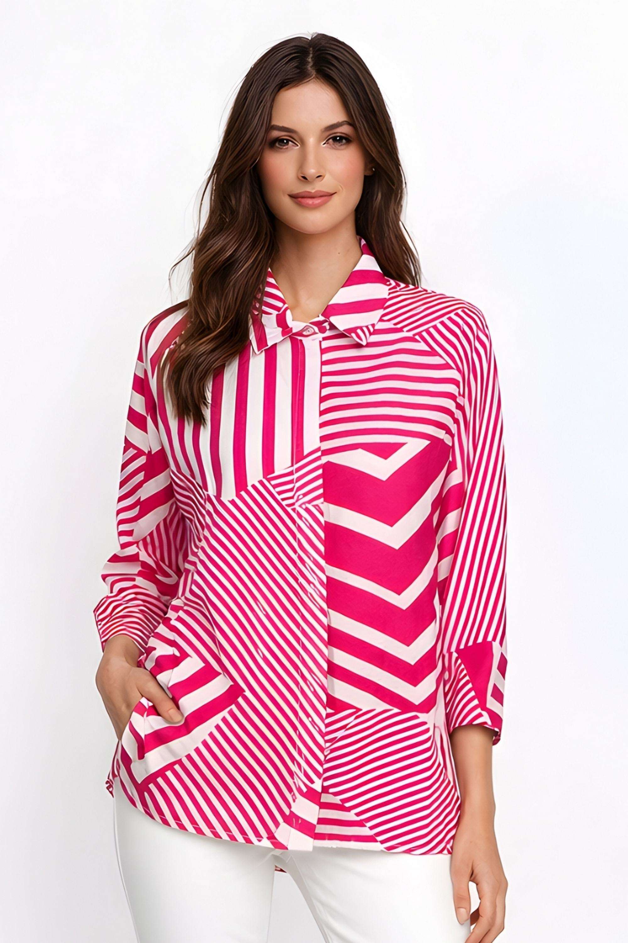Printed-Blended-Fabric-Collared-Women-s-Top