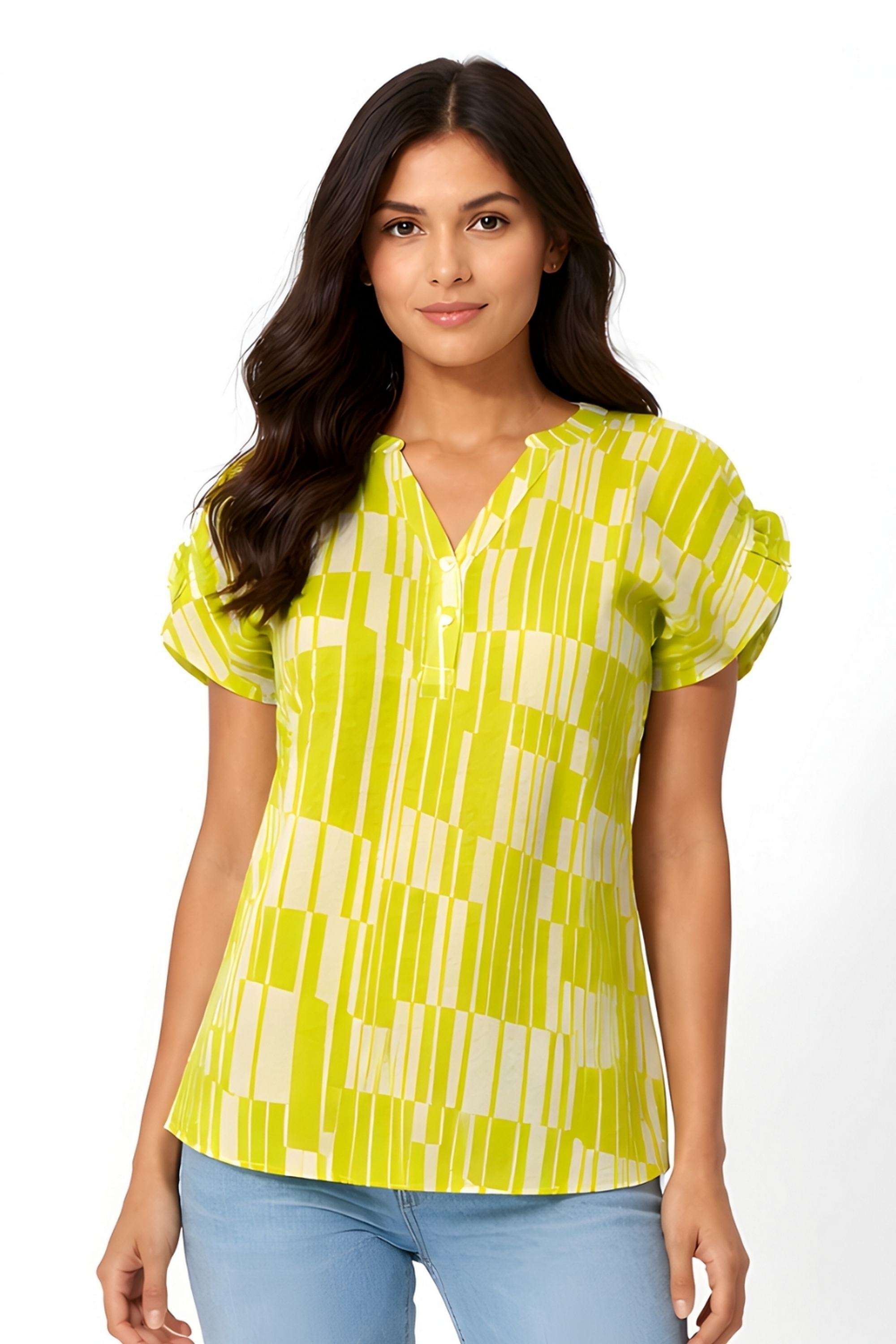 Printed-Blended-Fabric-V-Neck-Women-s-Top