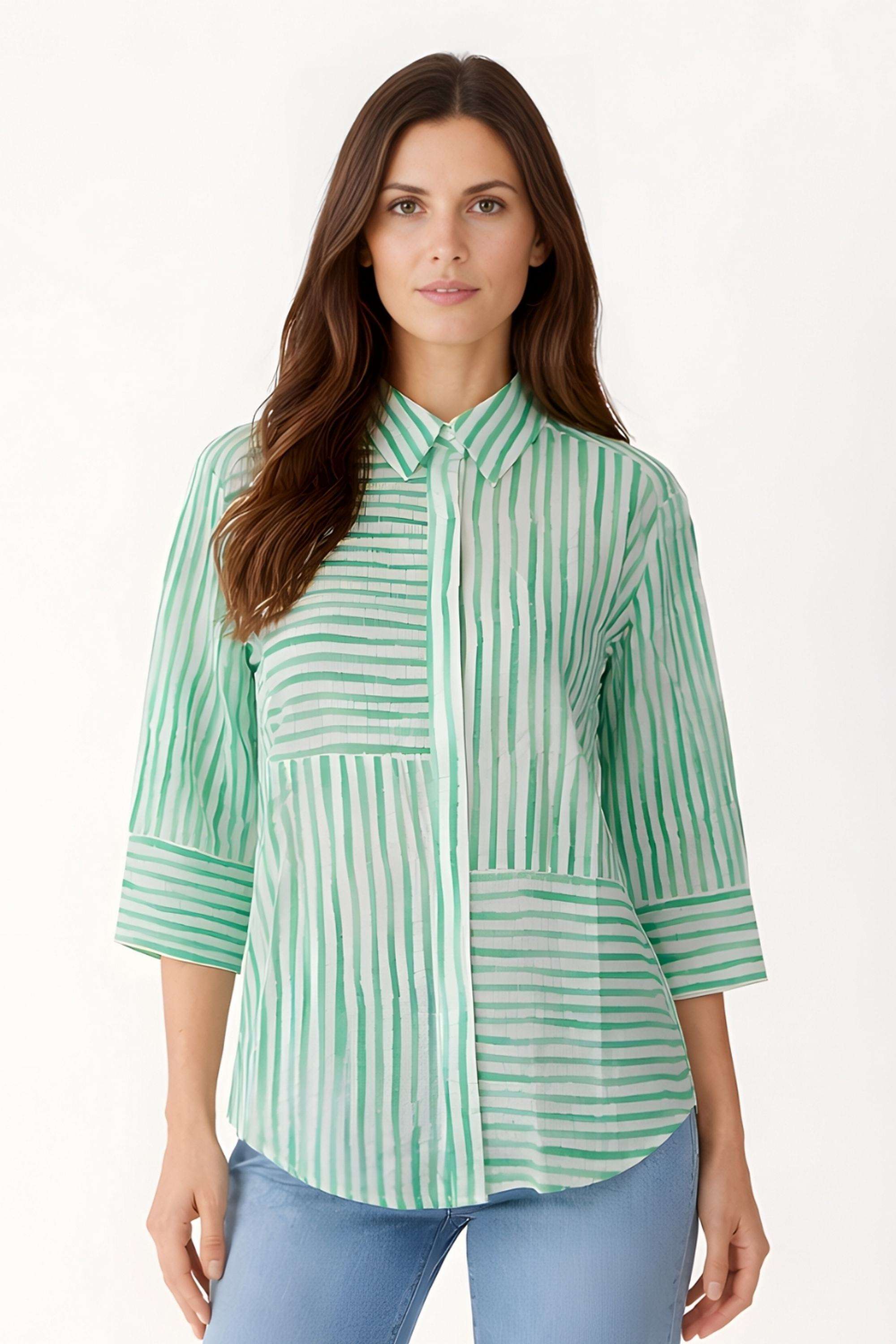 Stripes-Blended-Fabric-Collared-Women-s-Top