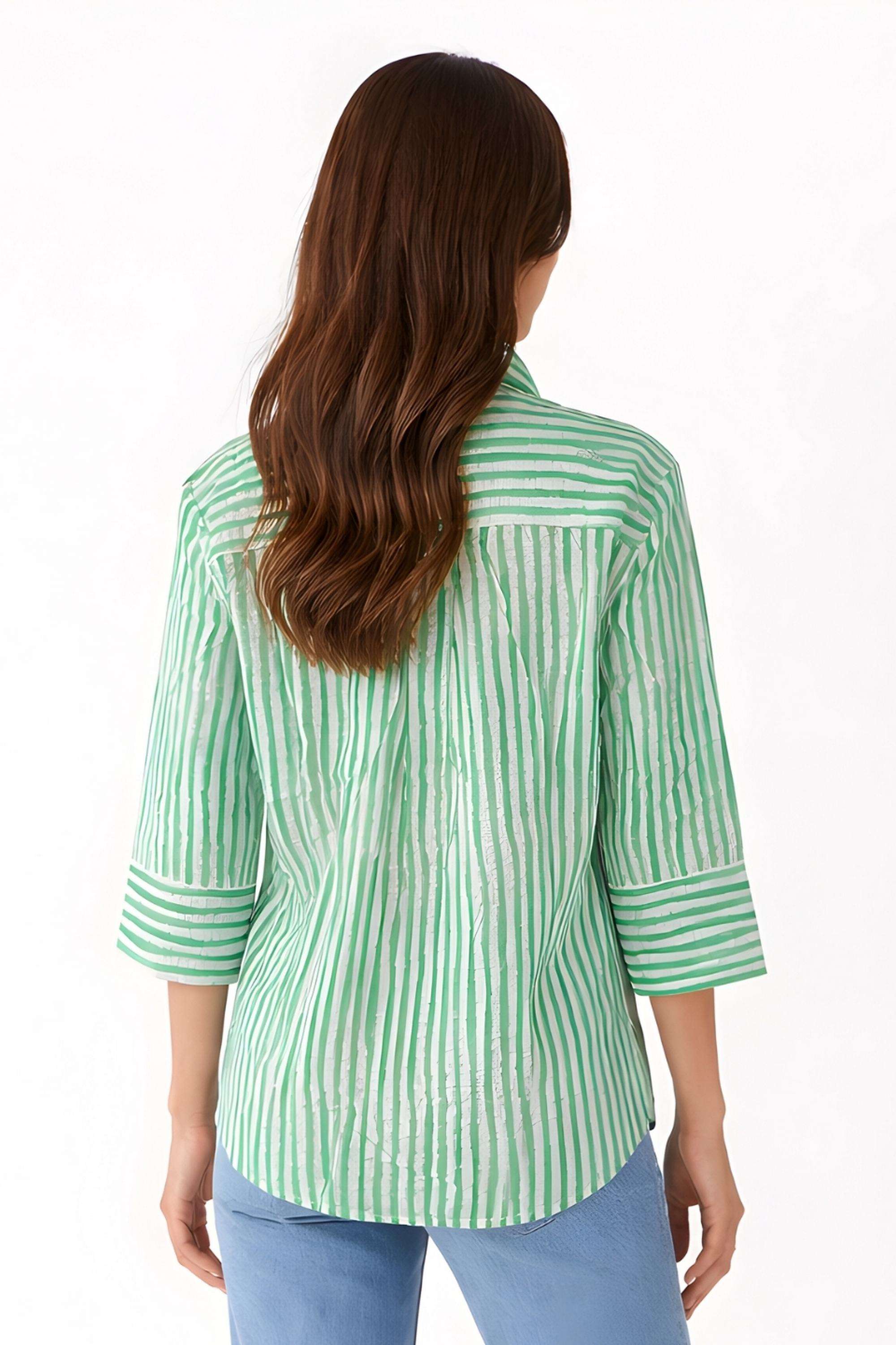 Stripes-Blended-Fabric-Collared-Women-s-Top