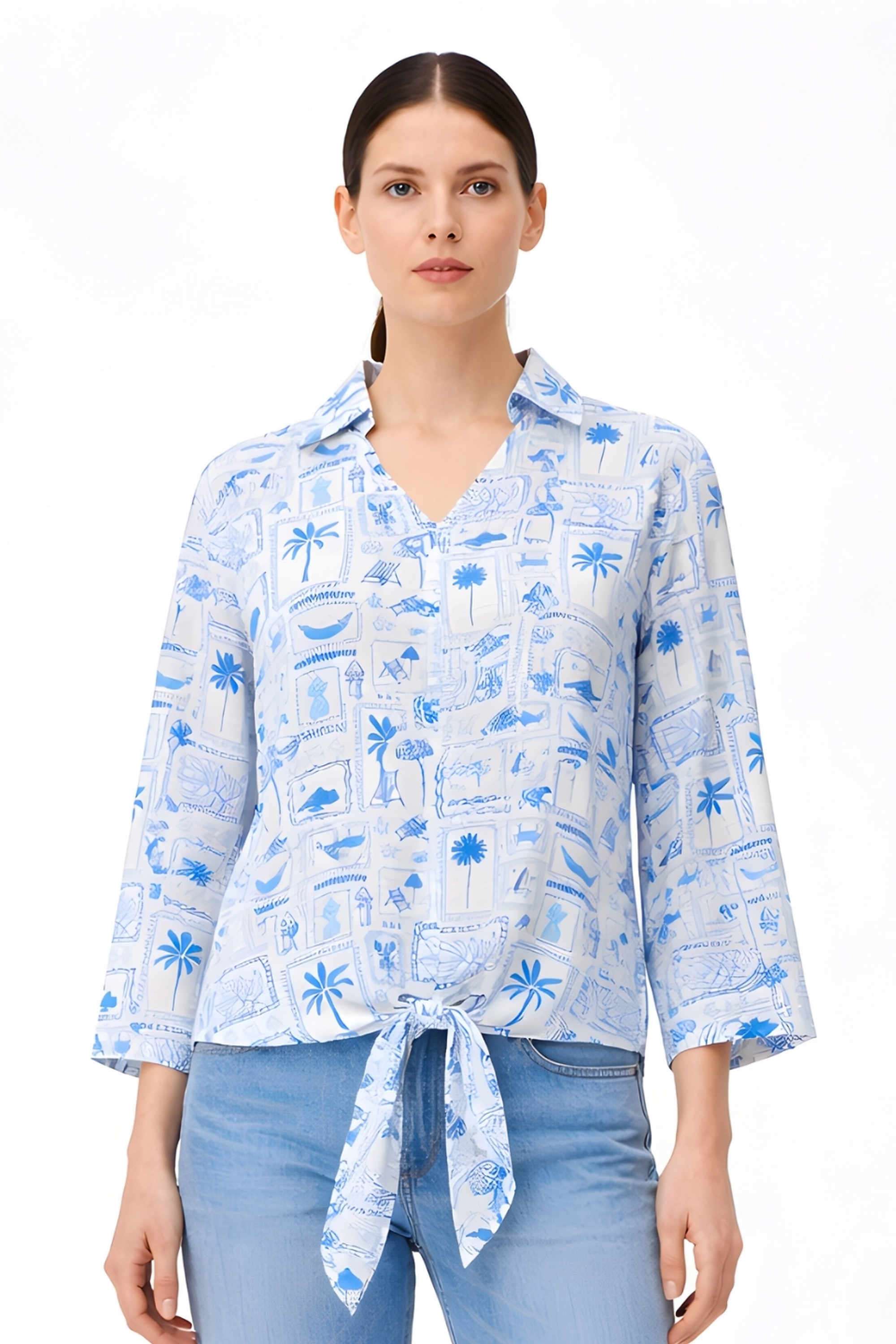 Printed-Blended-Fabric-Collared-Women-s-Top