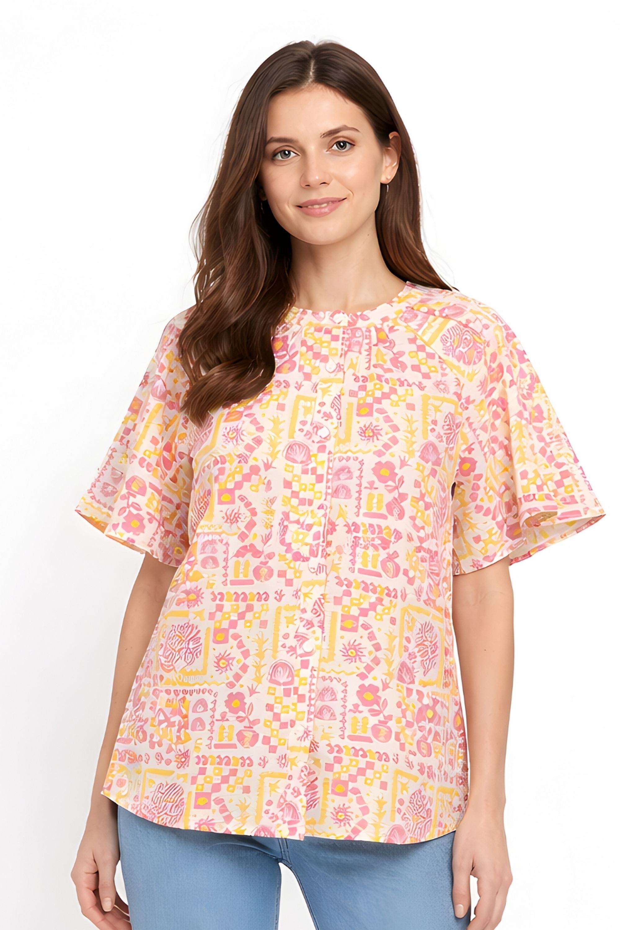 Printed-Blended-Fabric-Collared-Women-s-Top