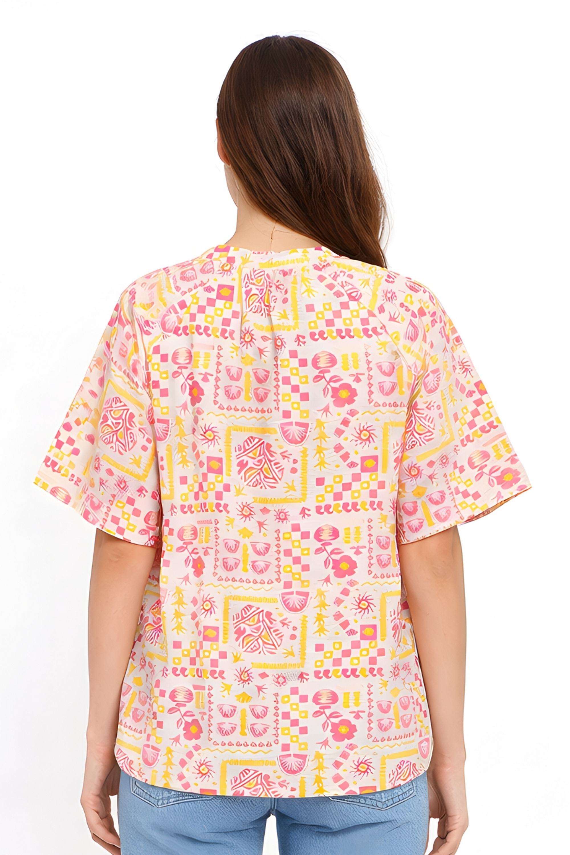 Printed-Blended-Fabric-Collared-Women-s-Top