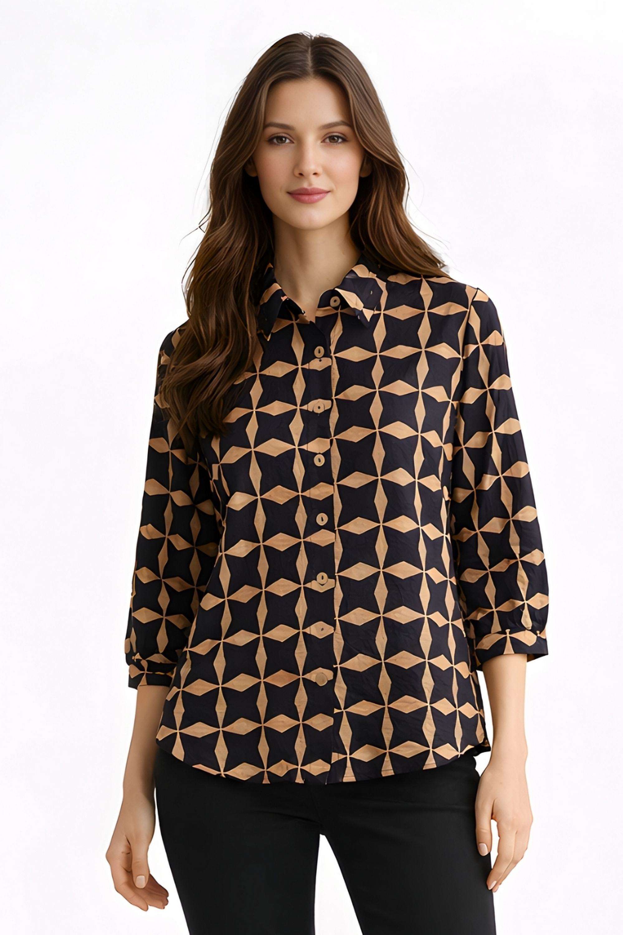 Printed-Blended-Fabric-Collared-Women-s-Top