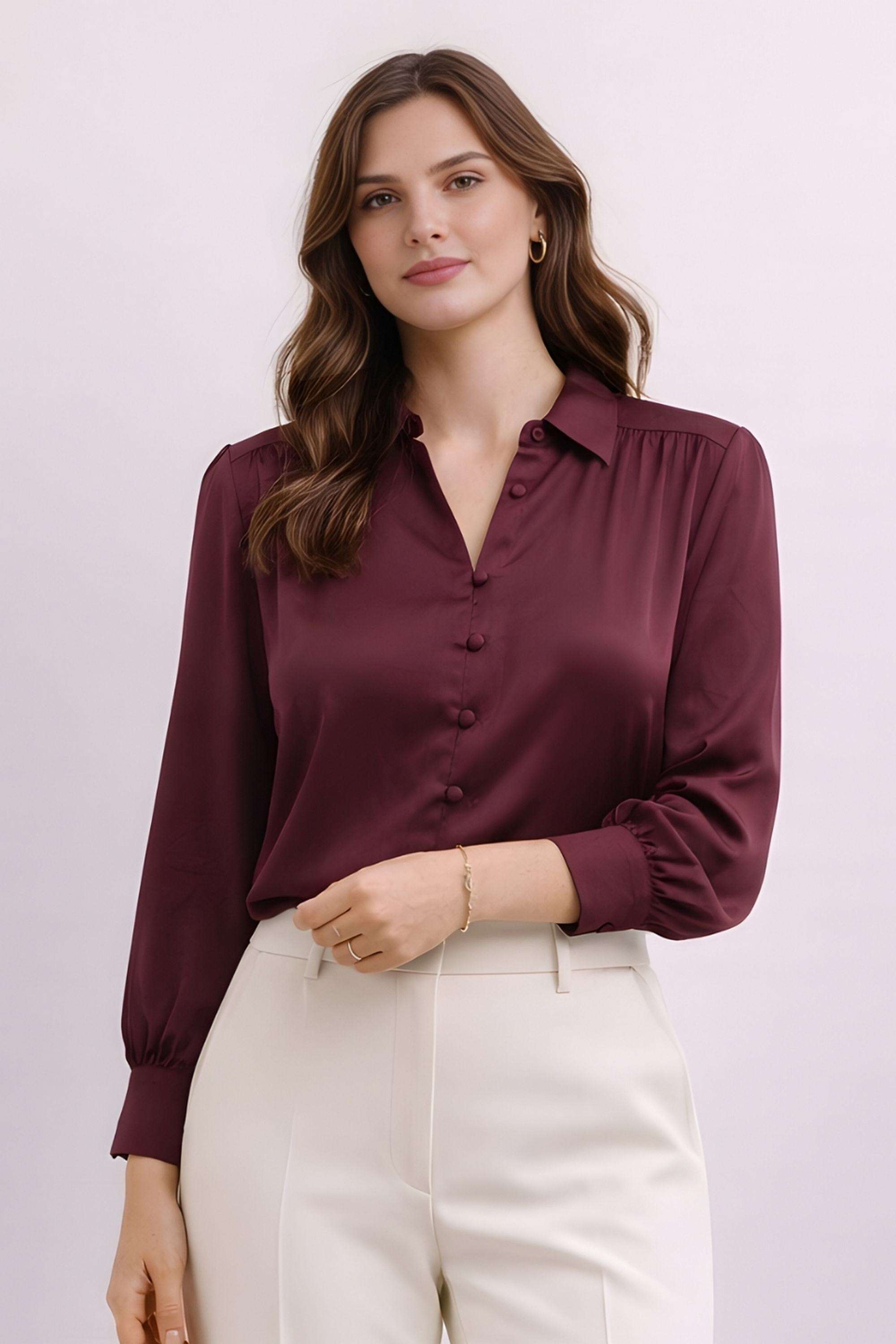 Solid-Polyester-Collared-Women-s-Top