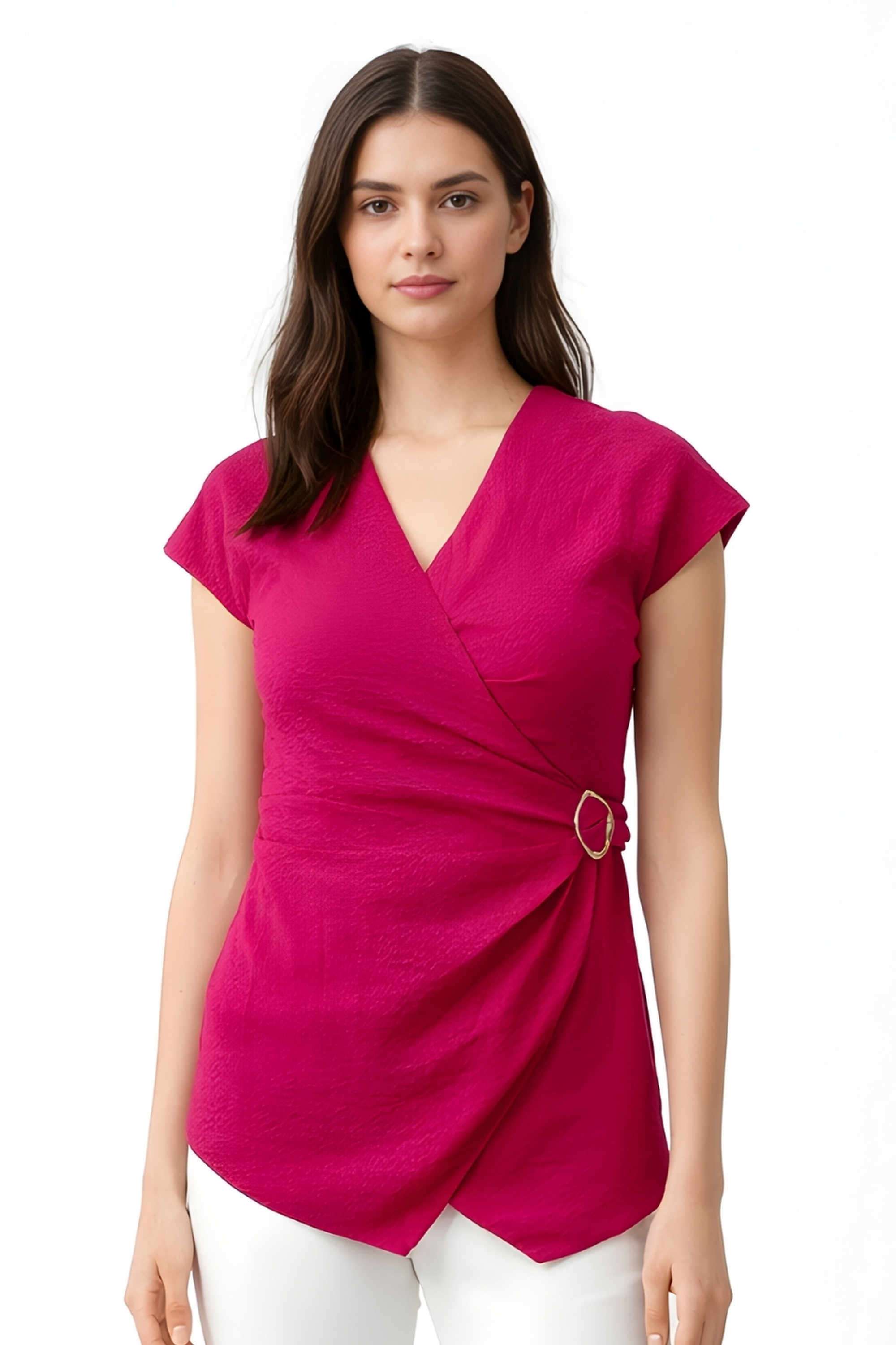 Solid-Polyester-V-Neck-Women-s-Top