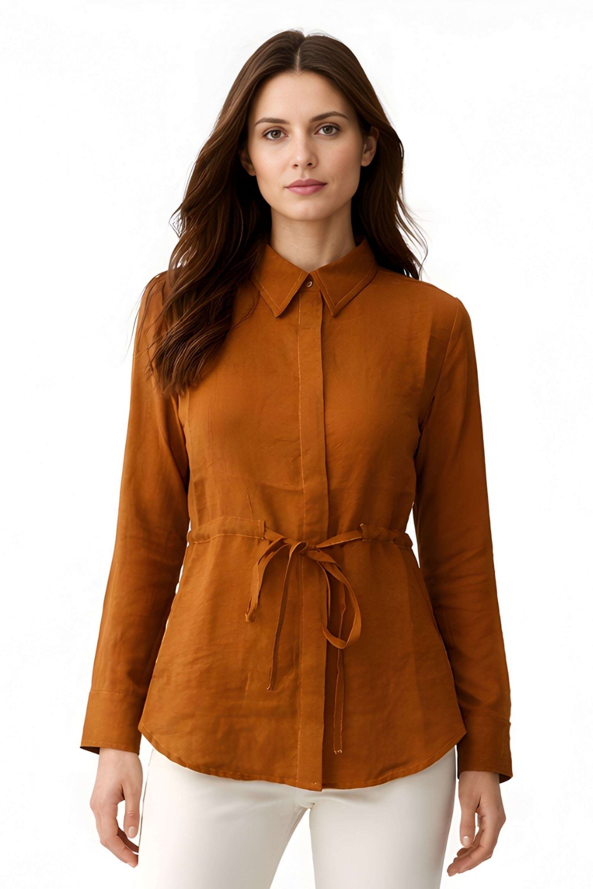 Solid-Blended-Fabric-Collared-Women-s-Top