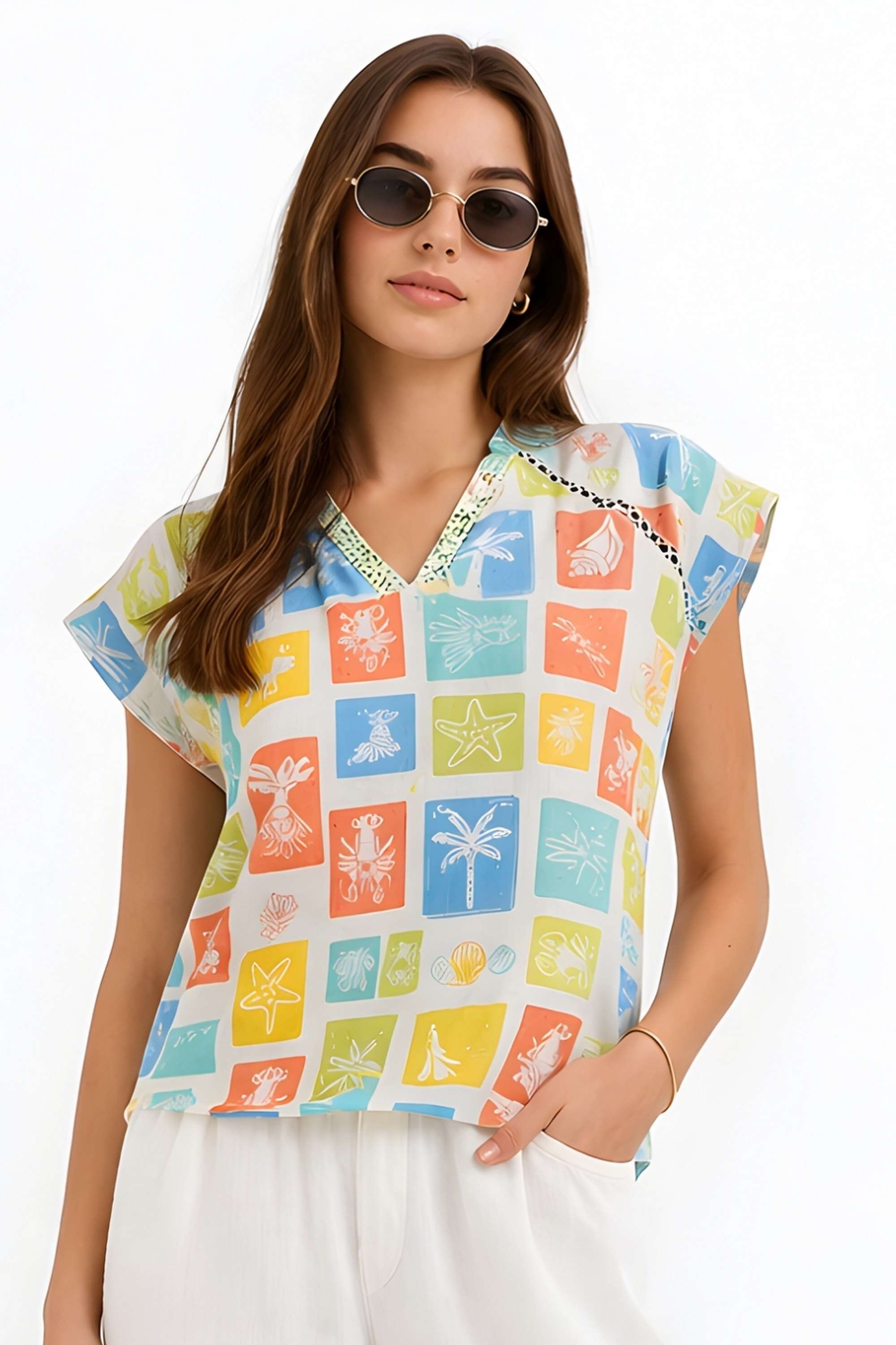zink london Printed Rayon V-Neck Women's Top-picture-16