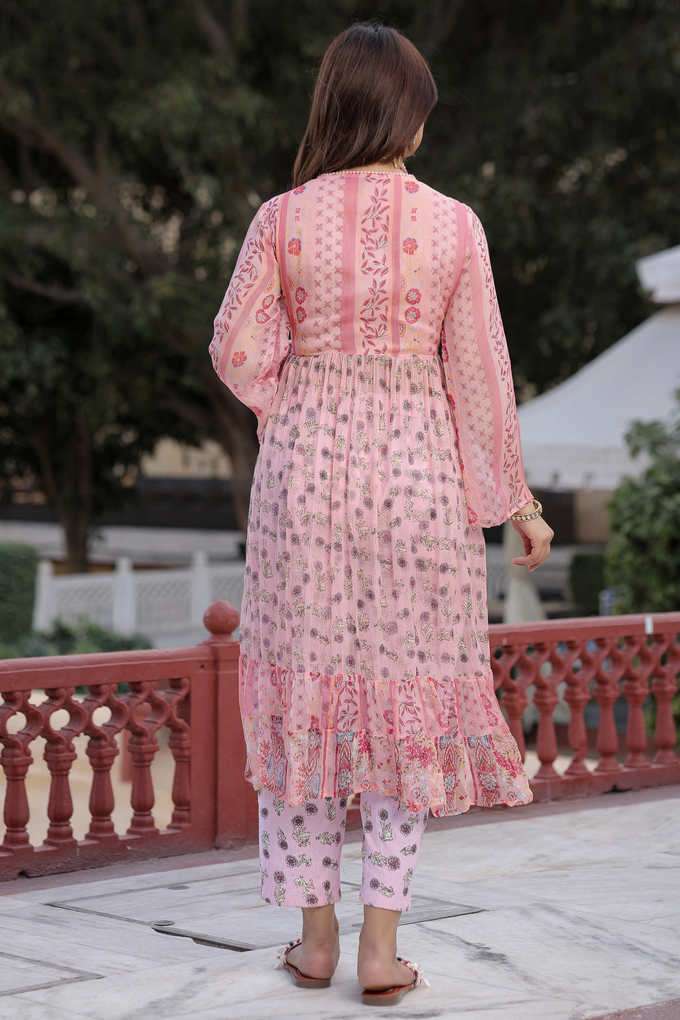 Buy Juniper Peach Peach Floral Printed High Slit Lacy Chiffon