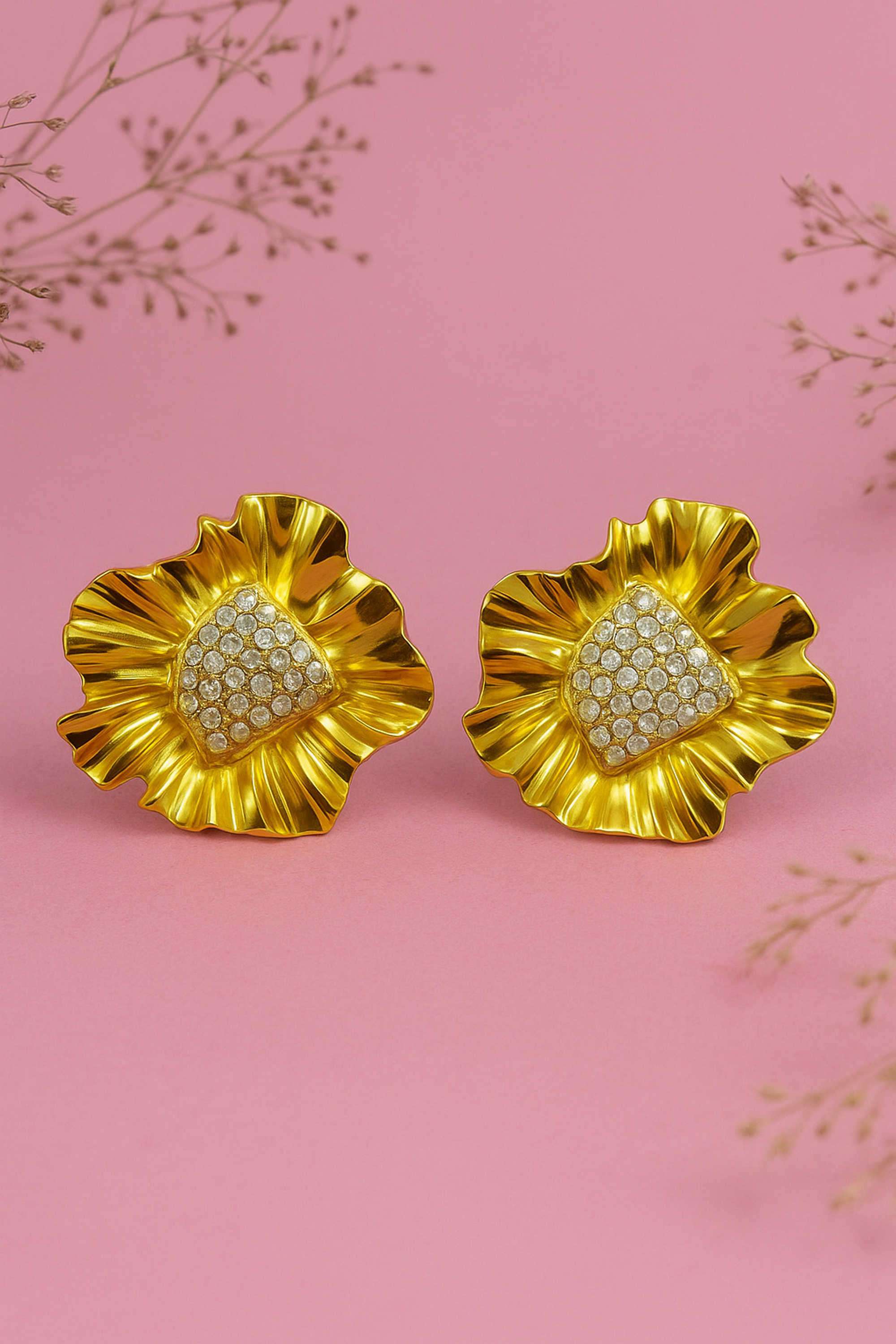 Brass-Casual-Wear-Women-Floral-Crystal-Stud-Earrings