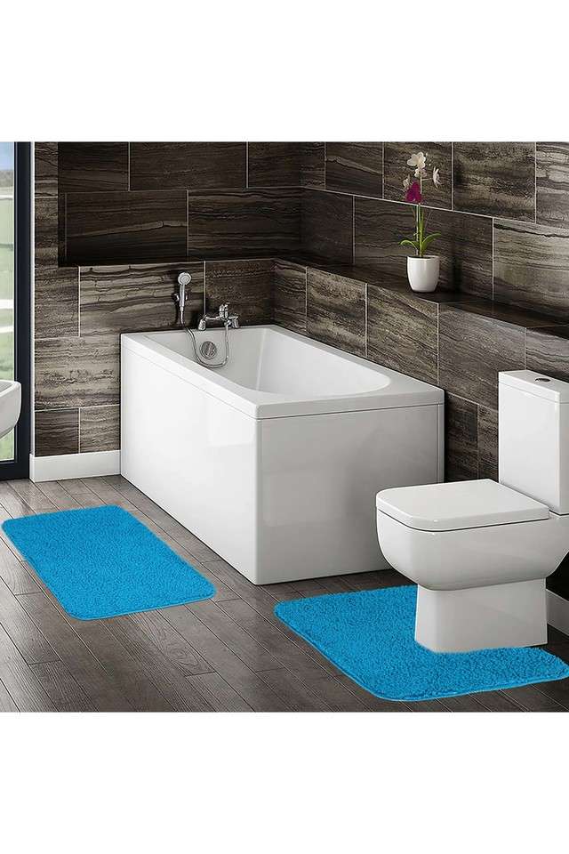 Anti-Skid-Solid-Polyester-Bathroom-Mat-And-Contour-Set---(L)70-x-(B)50---(L)45-x-(B)50---Teal-Blue