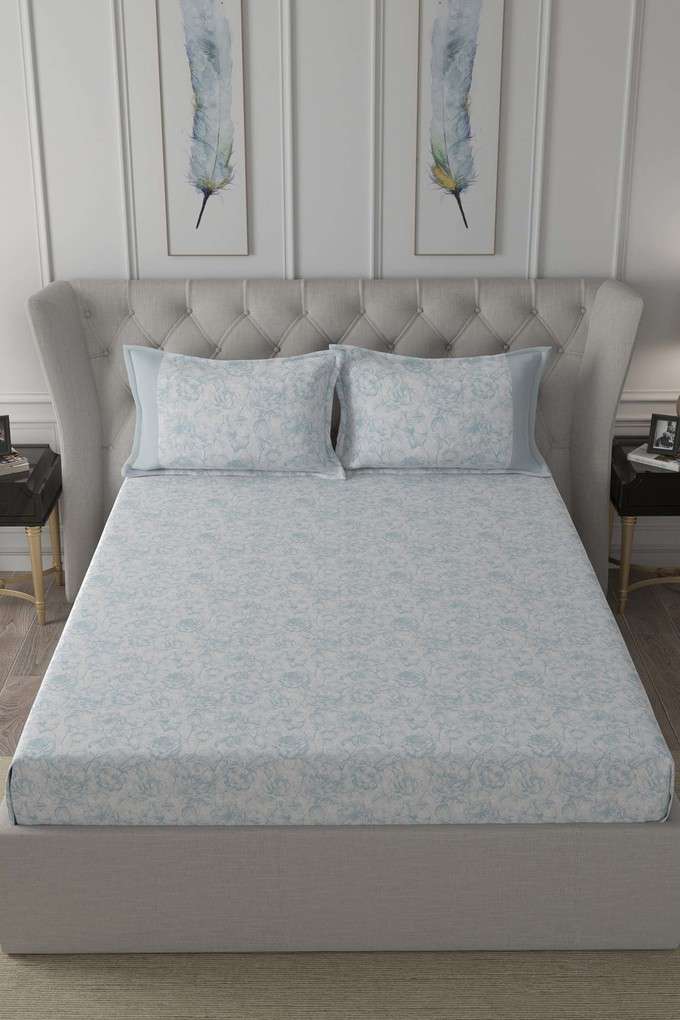 Hermosa-Exotic-Bouquet-Wonderland-Printed-200-TC-Cotton-Blue-King-Bed-Sheet-With-2-Pillow-Covers