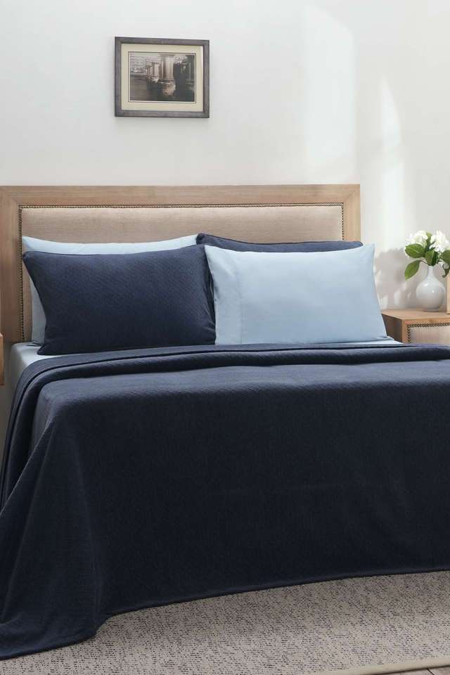 Colorart-Blaize-Solid-Weave-256-GSM-Cotton-Dark-Blue-Double-Bed-Cover