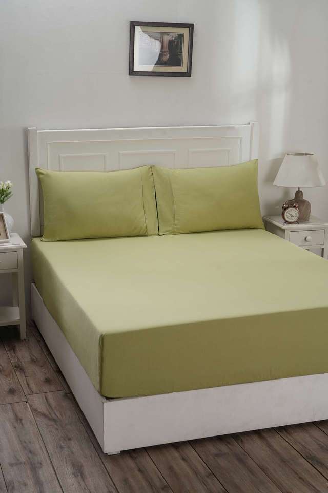 Colorart-Eden-144-TC-Cotton-Solid-Sage-Green-Double-Fitted-Sheet-With-2-Pillow-Covers