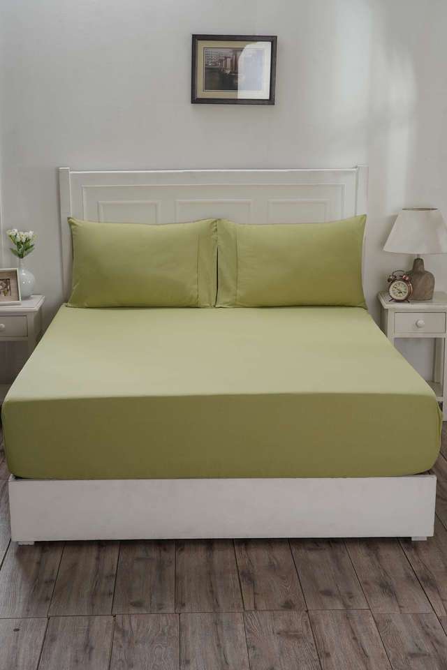 Colorart-Eden-144-TC-Cotton-Solid-Sage-Green-Double-Fitted-Sheet-With-2-Pillow-Covers