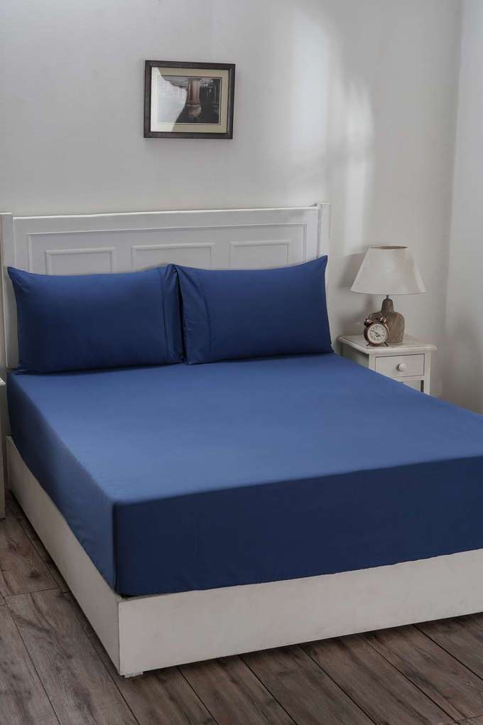 Colorart-Eden-144-TC-Cotton-Solid-Denim-Blue-Double-Fitted-Sheet-With-2-Pillow-Covers