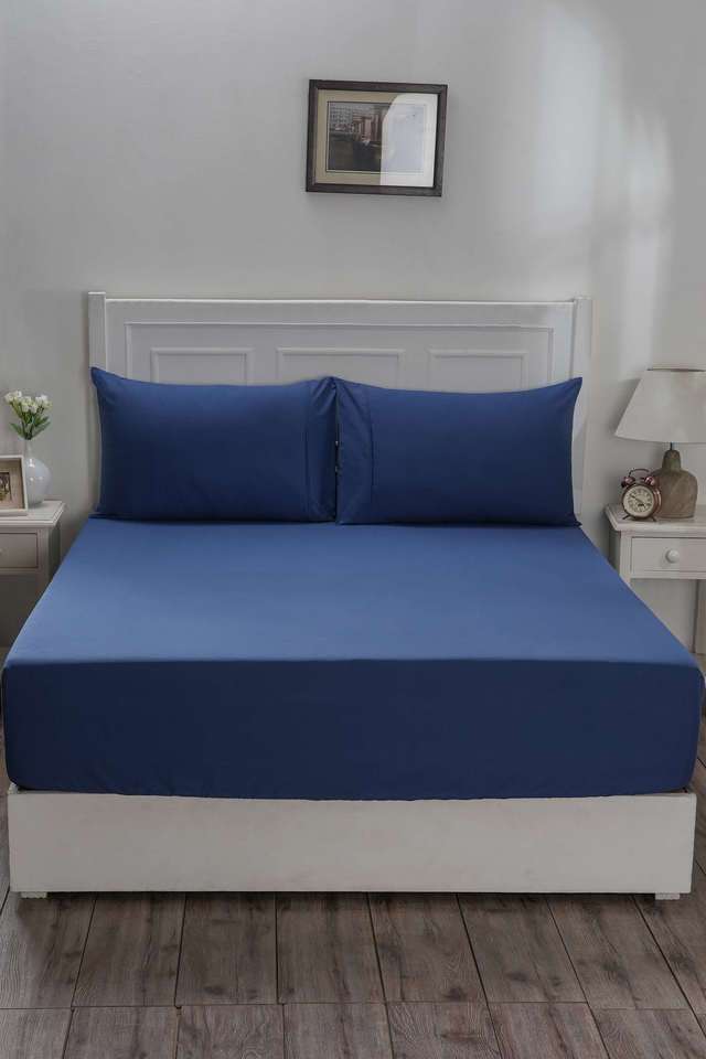 Colorart-Eden-144-TC-Cotton-Solid-Denim-Blue-Double-Fitted-Sheet-With-2-Pillow-Covers