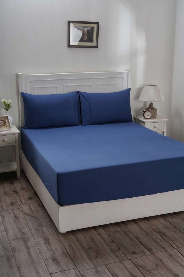 Colorart-Eden-144-TC-Cotton-Solid-Denim-Blue-Single-Fitted-Sheet-With-1-Pillow-Cover