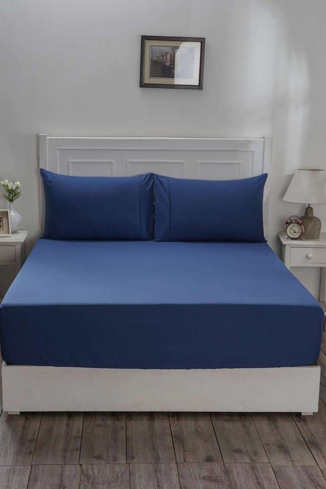 Colorart-Eden-144-TC-Cotton-Solid-Denim-Blue-Single-Fitted-Sheet-With-1-Pillow-Cover