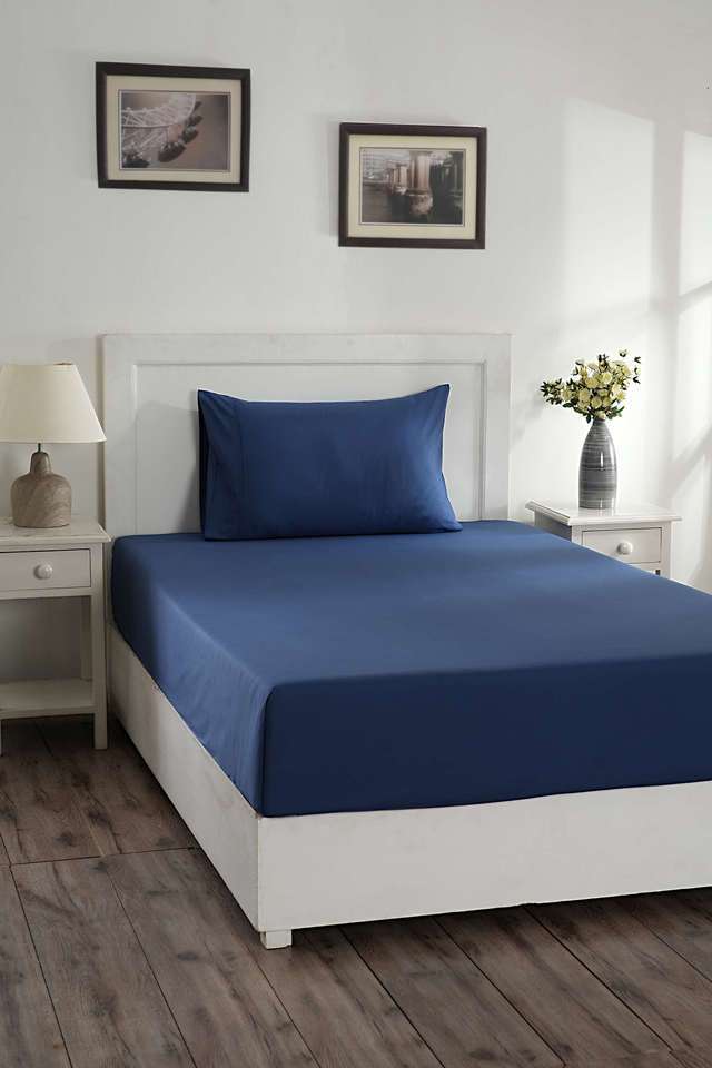 Colorart-Eden-144-TC-Cotton-Solid-Denim-Blue-Single-Bedsheet-With-1-Pillow-Cover