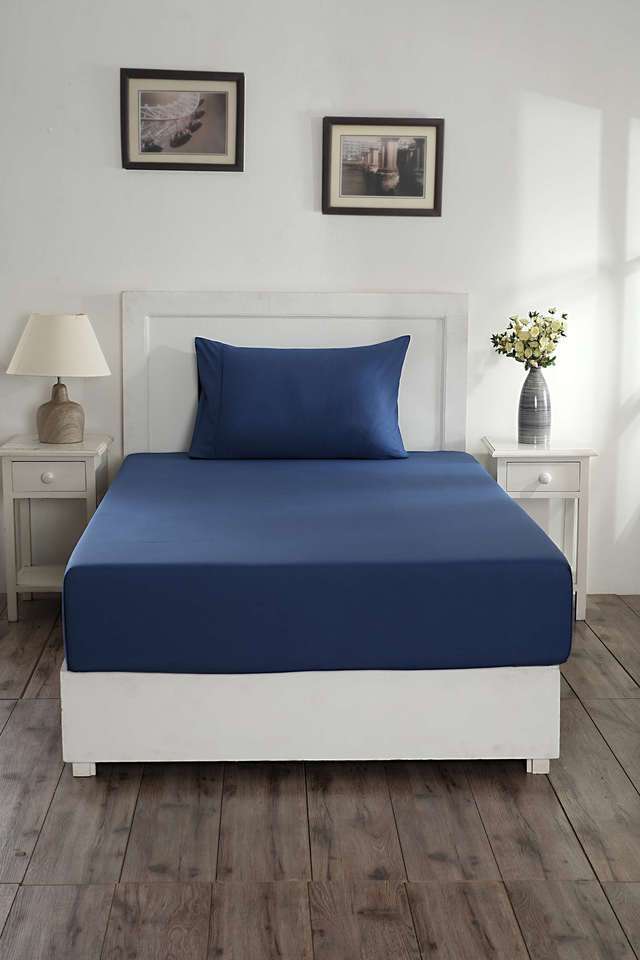 Colorart-Eden-144-TC-Cotton-Solid-Denim-Blue-Single-Bedsheet-With-1-Pillow-Cover