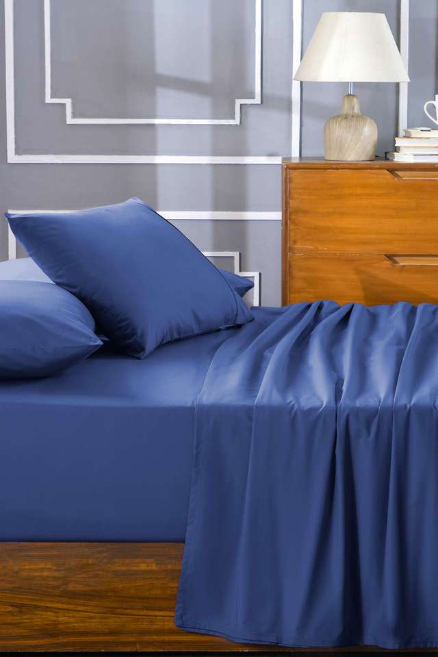 Colorart-Eden-144-TC-Cotton-Solid-Denim-Blue-Double-Bedsheet-With-2-Pillow-Covers