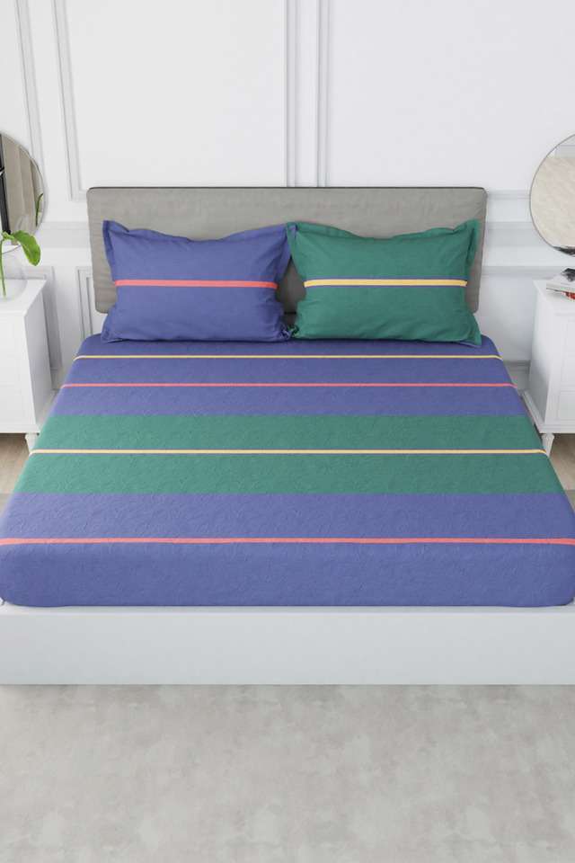 Designer-100--Satin-Cotton-Xl-King-Bedsheet-With-2-Pillow-Covers---Set-of-3-Set-(Hampton)-Stripe-Blue/Green
