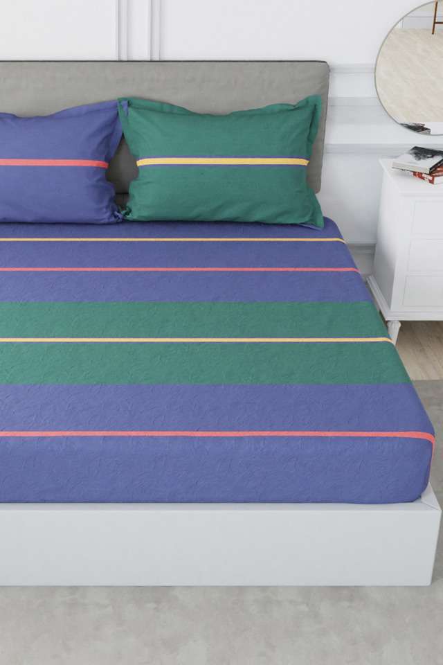 Designer-100--Satin-Cotton-Xl-King-Bedsheet-With-2-Pillow-Covers---Set-of-3-Set-(Hampton)-Stripe-Blue/Green