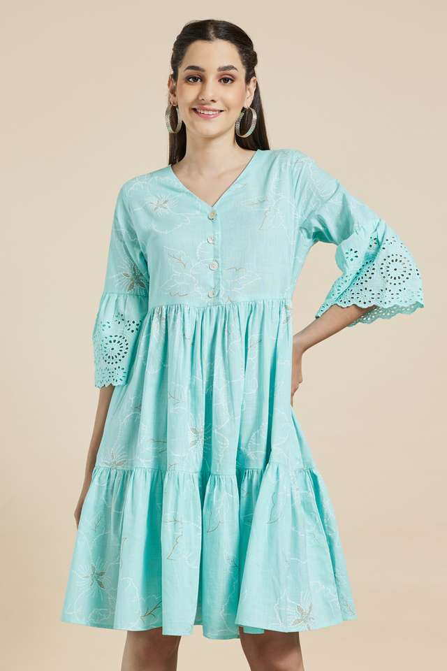 Buy Haute Curry Aqua Printed V Neck Cotton Blend Women's Midi