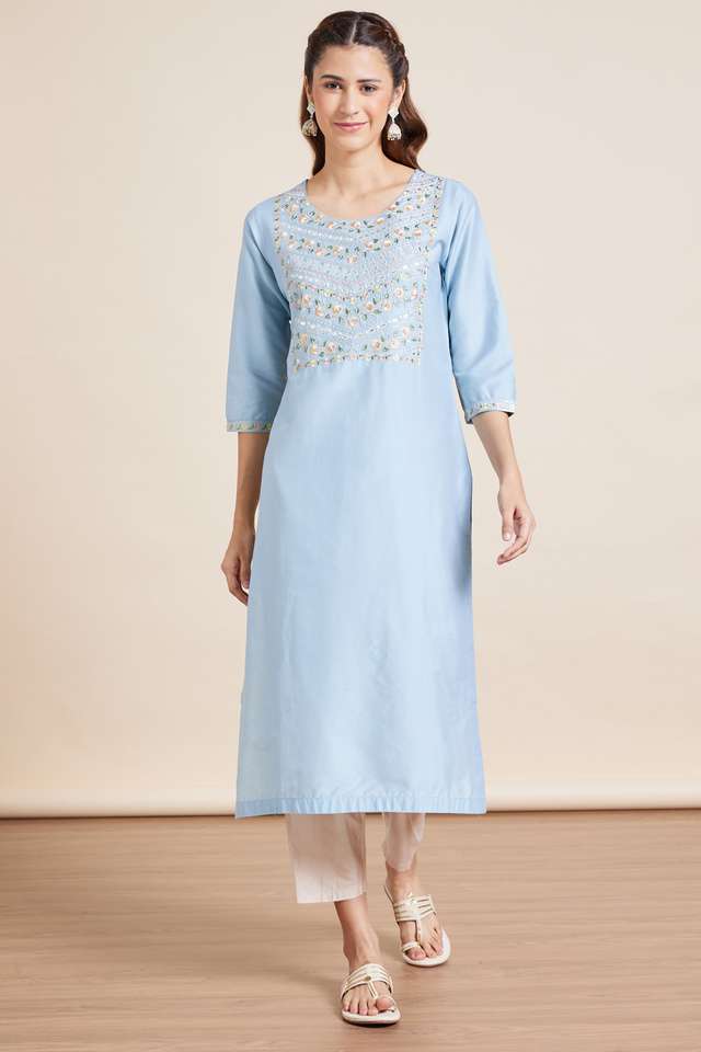 Embroidered-Viscose-Blend-Round-Neck-Womens-Festive-Wear-Kurta