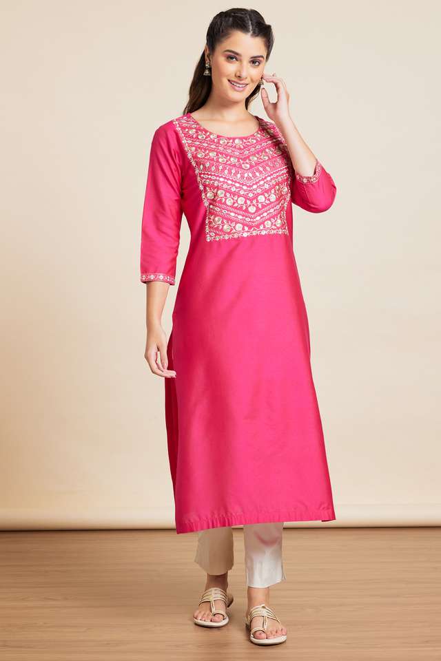 Embroidered-Viscose-Blend-Round-Neck-Womens-Festive-Wear-Kurta