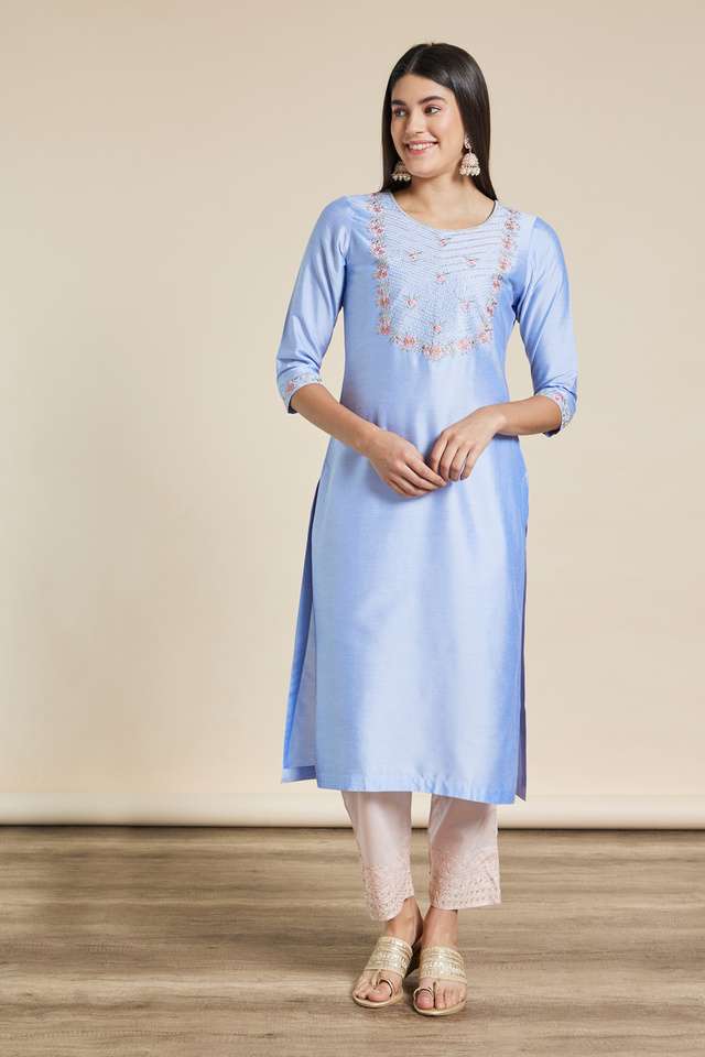 Embroidered-Viscose-Blend-Round-Neck-Womens-Festive-Wear-Kurta