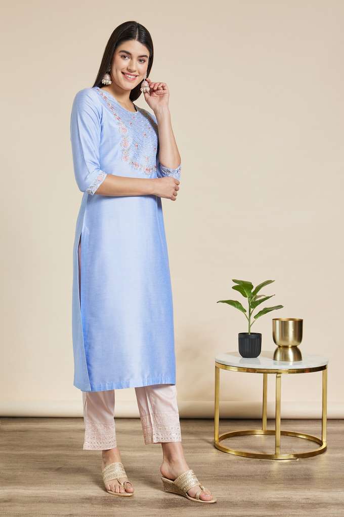 Embroidered-Viscose-Blend-Round-Neck-Womens-Festive-Wear-Kurta