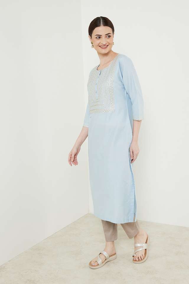 Embroidered-Viscose-Blend-Round-Neck-Women-s-Festive-Wear-Kurta