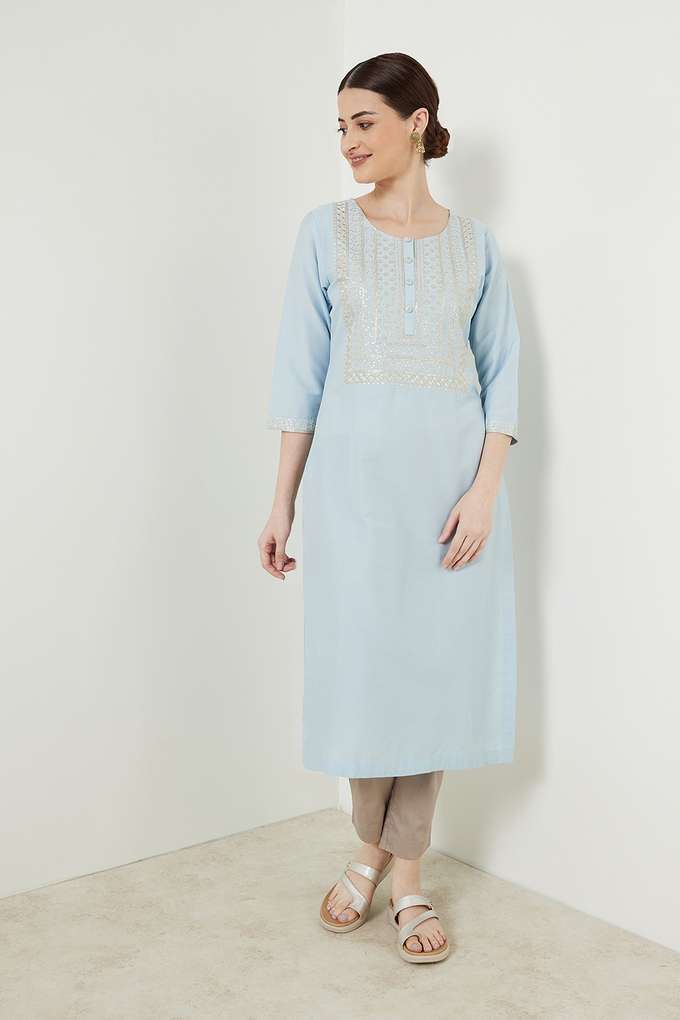 Embroidered-Viscose-Blend-Round-Neck-Women-s-Festive-Wear-Kurta