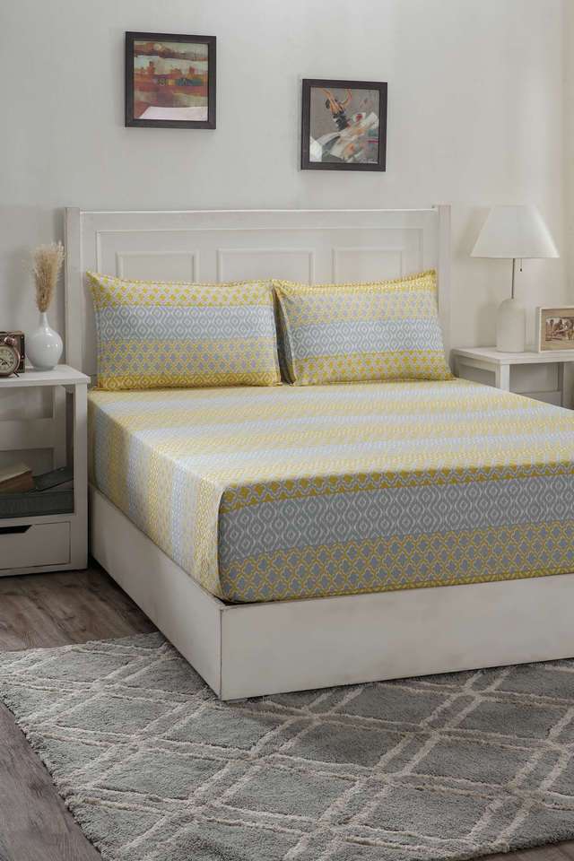 Hermosa-Optimist-Bloom-Multi-Ikat-Yellow-Double-Bed-Sheet-With-Pillow-Case
