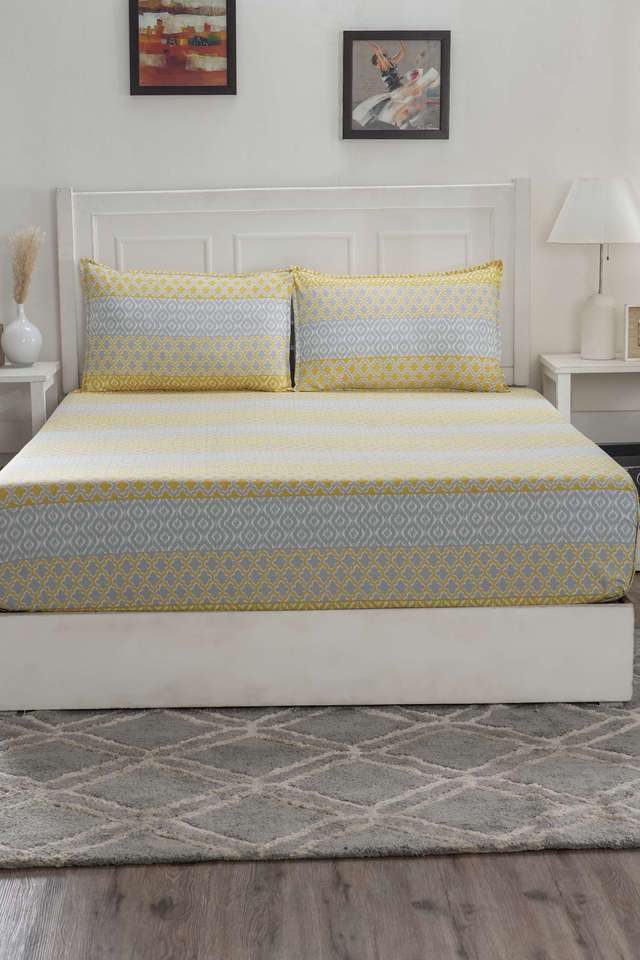 Hermosa-Optimist-Bloom-Multi-Ikat-Yellow-Double-Bed-Sheet-With-Pillow-Case