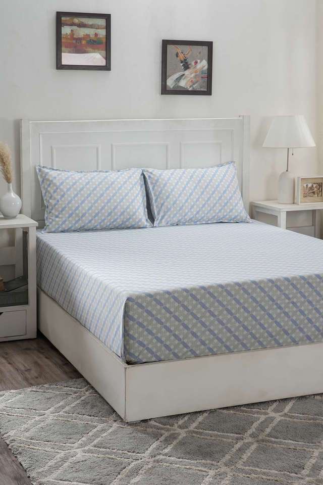 Hermosa-Optimist-Bloom-Esther-Blue-Double-Bed-Sheet-With-Pillow-Case