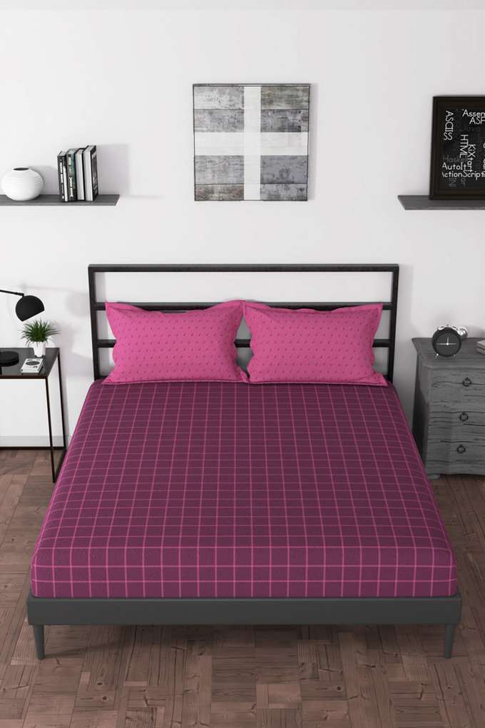 100--Premium-Cotton-King-Bedsheet-With-2-Pillow-Covers---Set-of-3-Set-(Pacific-Coast)-Checks-Maroon/Pink