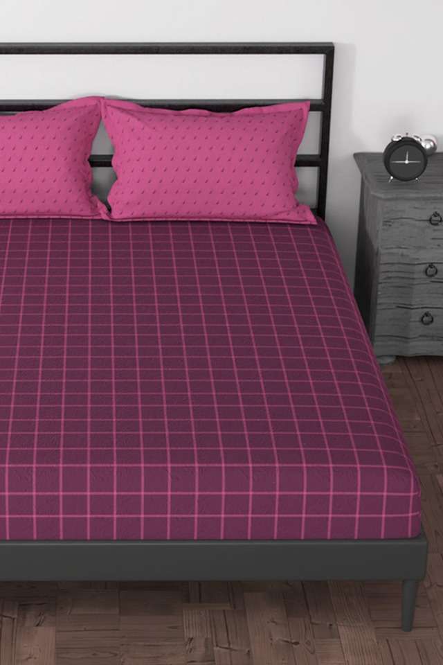 100--Premium-Cotton-King-Bedsheet-With-2-Pillow-Covers---Set-of-3-Set-(Pacific-Coast)-Checks-Maroon/Pink