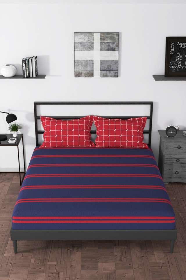 100--Premium-Cotton-King-Bedsheet-With-2-Pillow-Covers---Set-of-3-Set-(Pacific-Coast)-Stripe-Blue/Red